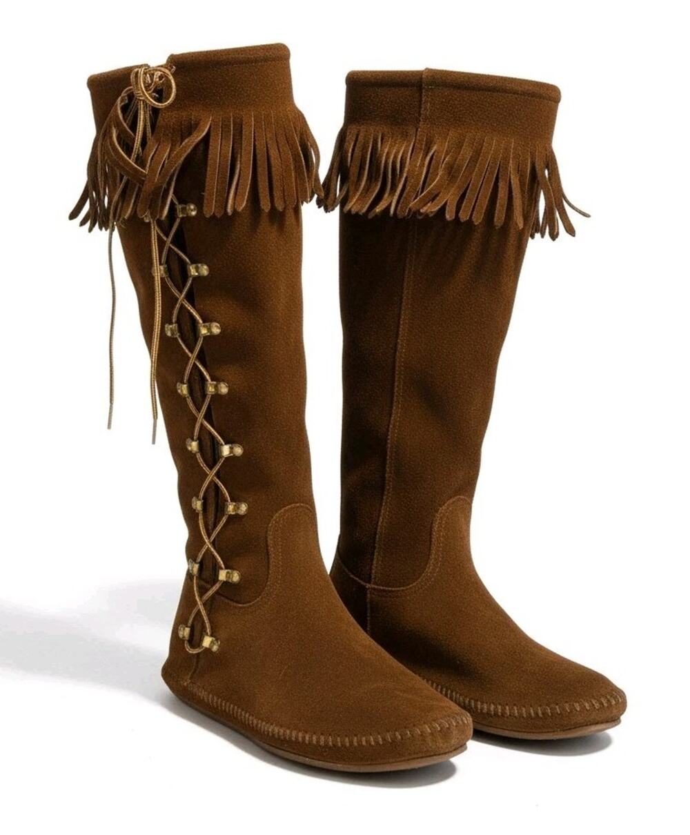 Minnetonka Moccasins Boots 70s/80s Tall Suede Fringe Side Corset Lace-Up| 8 Boho